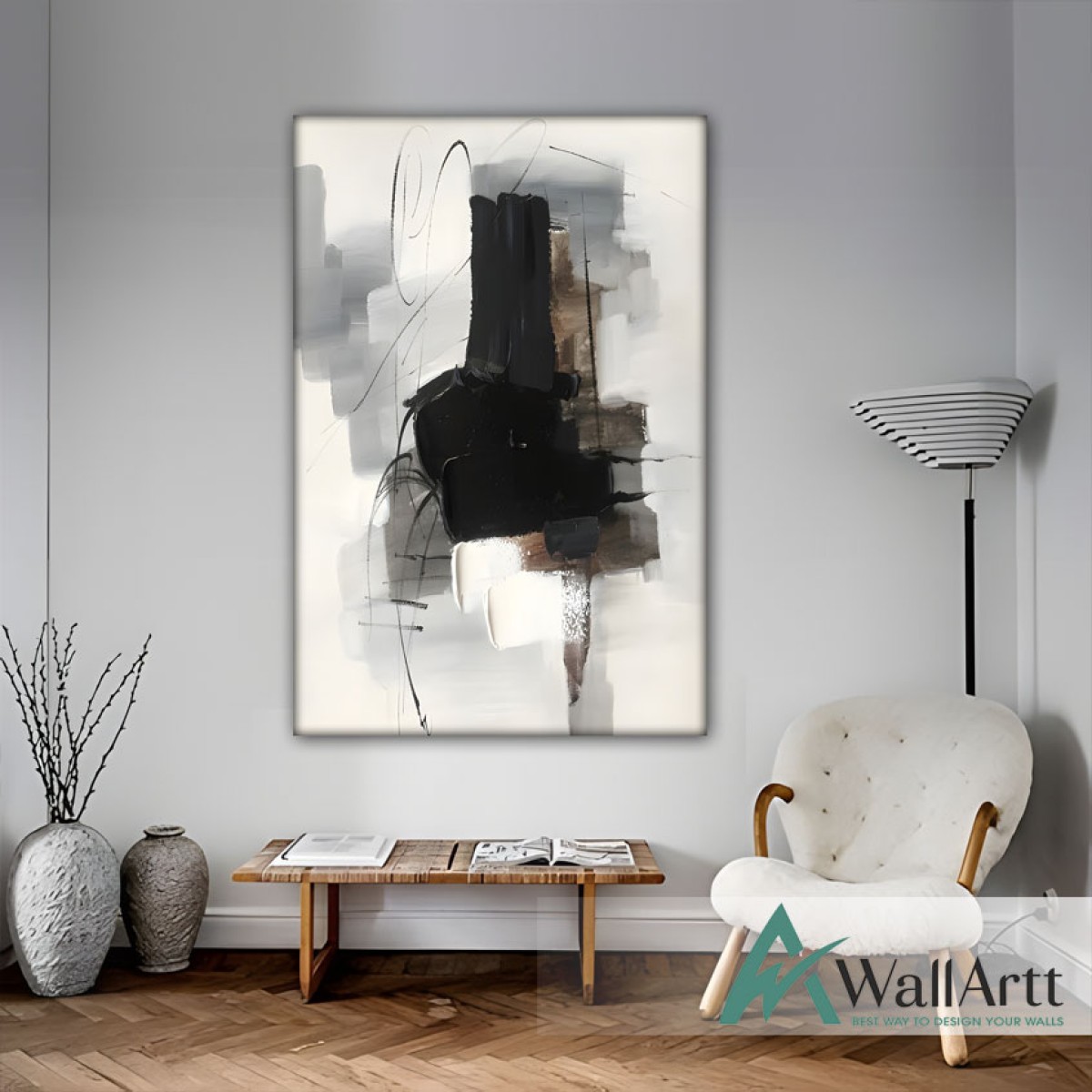 Black on White Abstract Textured Partial Oil Painting - Wall Art